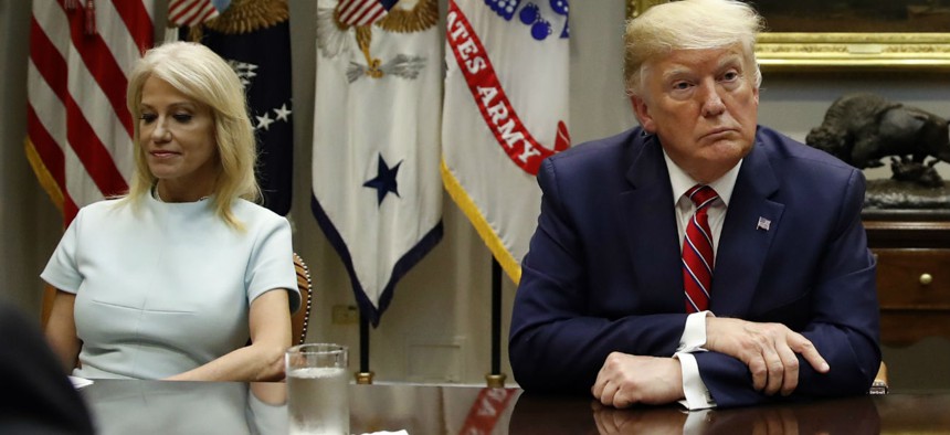 Counselor to the President Kellyanne Conway and President Trump attend a briefing on efforts to combat the opioid crisis on June 12.