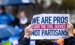 National Treasury Employees Union members during a "Standing Strong to Serve the Nation" rally to protest the Trump administration's "attacks on federal employees" at Upper Senate Park on Capitol Hill in Washington, D.C, on March 5, 2025. NTEU joined with other labor groups and filed lawsuits aimed at blocking the president’s effort to gut civil service protections.