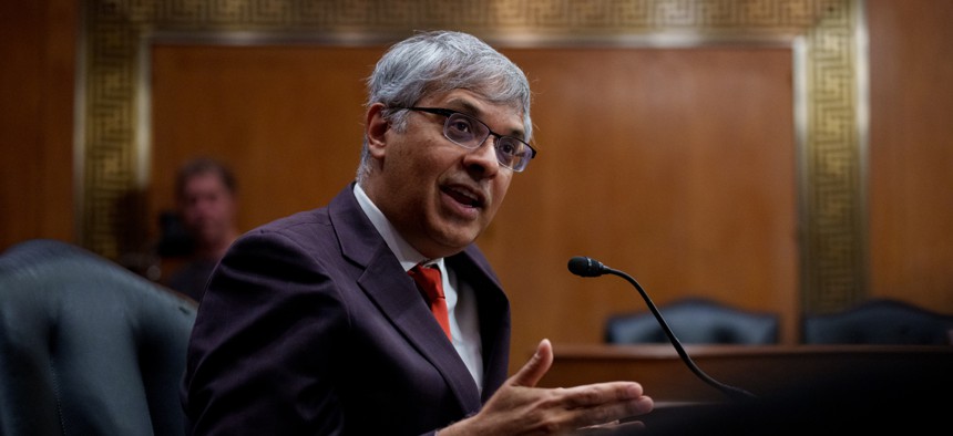 National Institutes of Health Director Jayanta Bhattacharya speaks at his confirmation hearing before the Senate Committee on Health, Education, Labor, and Pensions on March 5, 2025. Bhattacharya told NIH employees at a town hall Monday that he hoped to bring back some employees that recently were laid off.
